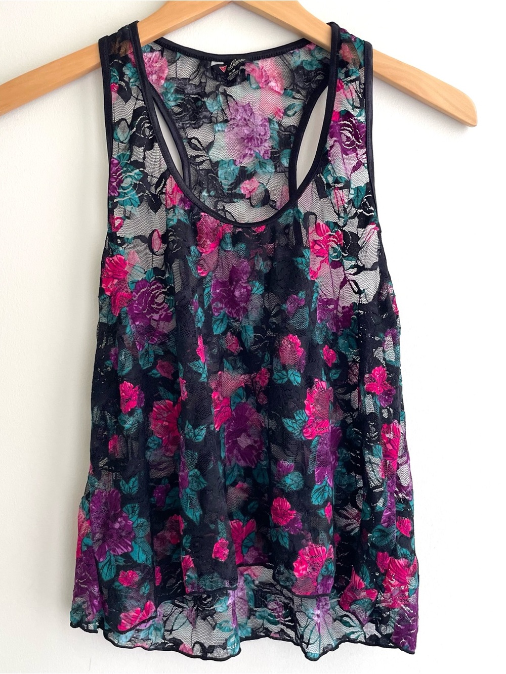 Guess Black Sheer Floral Lace Flowy Tank Party Casual Going Out